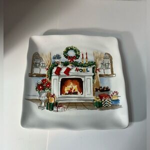 Maxcera Christmas Fireplace Noel Square Ceramic Salad Appetizer Plate 8.5 Inch